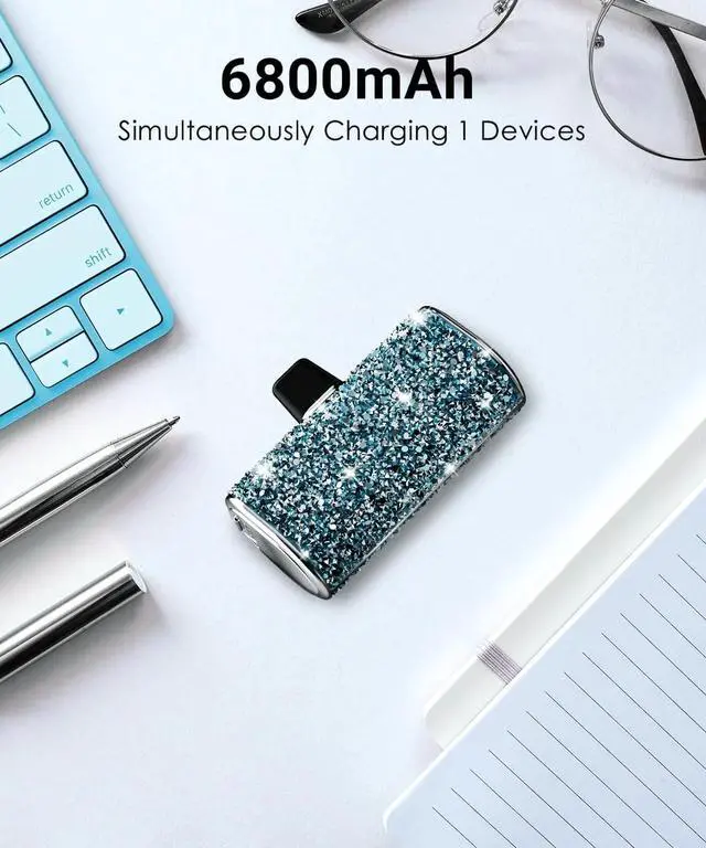 Alt view image 6 of 7 - Bling Small Portable Charger, Power Bank, 6800mAh Ultra Compact Cute Shining Battery Pack 5V3.1A Fast Charger Built-in iOS Connector and Flashlight for iPhone 14 Series to iPhone 5 Series(Blue)