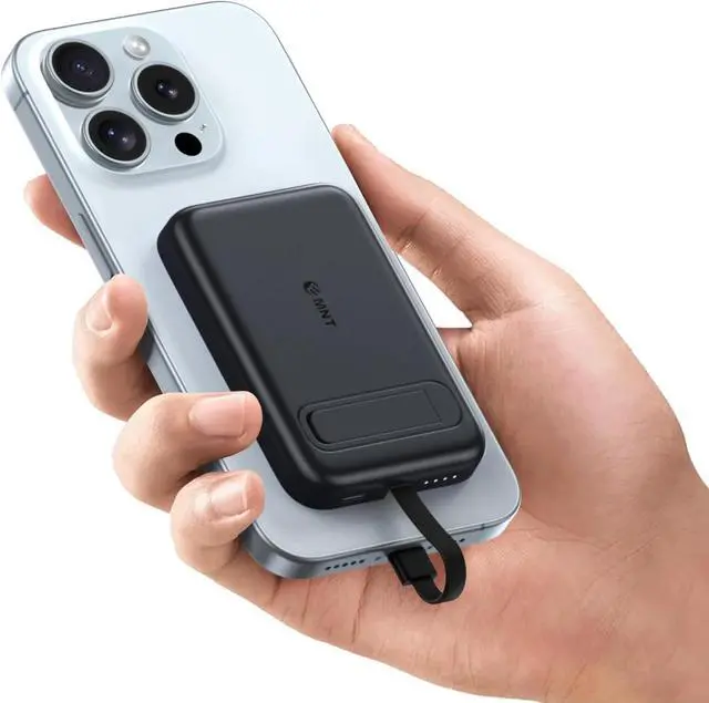 Main image of EMNT USB-C Portable Charger Compatible with iPhone 15, 16 & Android Devices Power Bank Magnetic Battery & Adjustable Stand TSA Travel Approved USB Rechargeable Built-in Cable