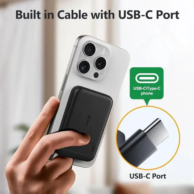 Alt view image 2 of 7 - EMNT USB-C Portable Charger Compatible with iPhone 15, 16 & Android Devices Power Bank Magnetic Battery & Adjustable Stand TSA Travel Approved USB Rechargeable Built-in Cable