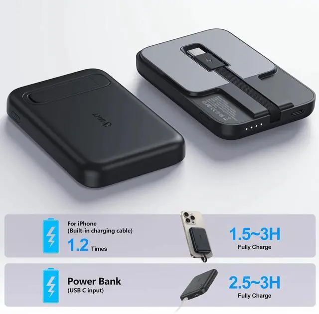 Alt view image 5 of 7 - EMNT USB-C Portable Charger Compatible with iPhone 15, 16 & Android Devices Power Bank Magnetic Battery & Adjustable Stand TSA Travel Approved USB Rechargeable Built-in Cable