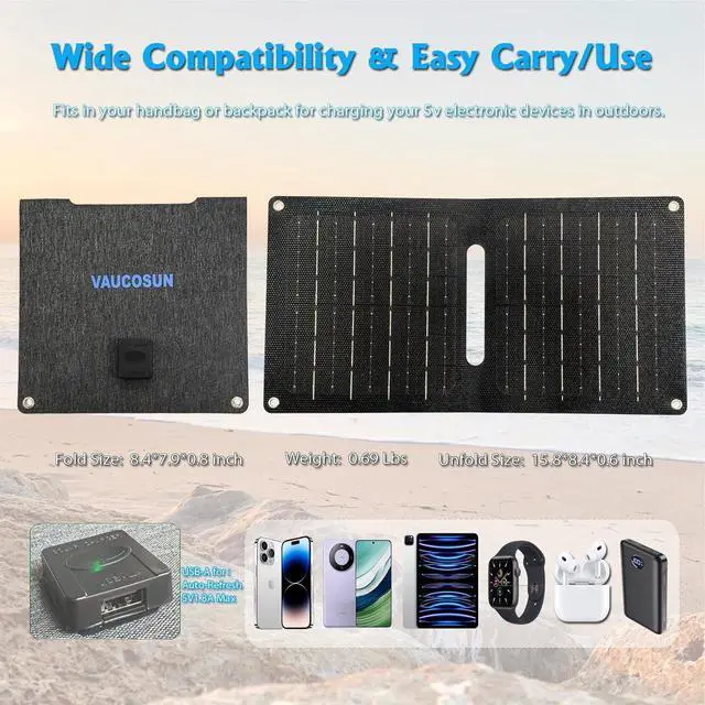 Alt view image 2 of 6 - Portable Solar Panel (5V 2A Max) with USB-A Port for Cell Phone, Fan, Flashlight, IPX4 Waterproof Solar Panels, Foldable Solar Charger for Outdoor Camping, Hiking, Travel, Backpacking