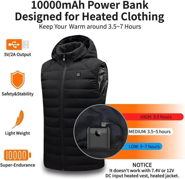 Alt view image 3 of 6 - Heated Vest Battery Pack, 5V 2A Power Bank for Heated Jacket, Pants, Stadium Seats, 10000mAh Small LED Display Fast Charging Portable Charge for Heated Clothing, Camping Chair(Black, 10000mAh)
