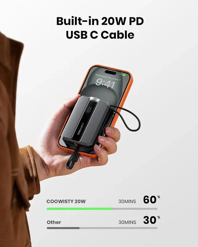 Alt view image 4 of 7 - Portable Charger,   Smallest 10000mAh 20W PD Fast Charging Power Bank with Built-in USB C Cable, LED Display Travel Charger Compatible with Apple Watch Series/iPhone/AirPods etc