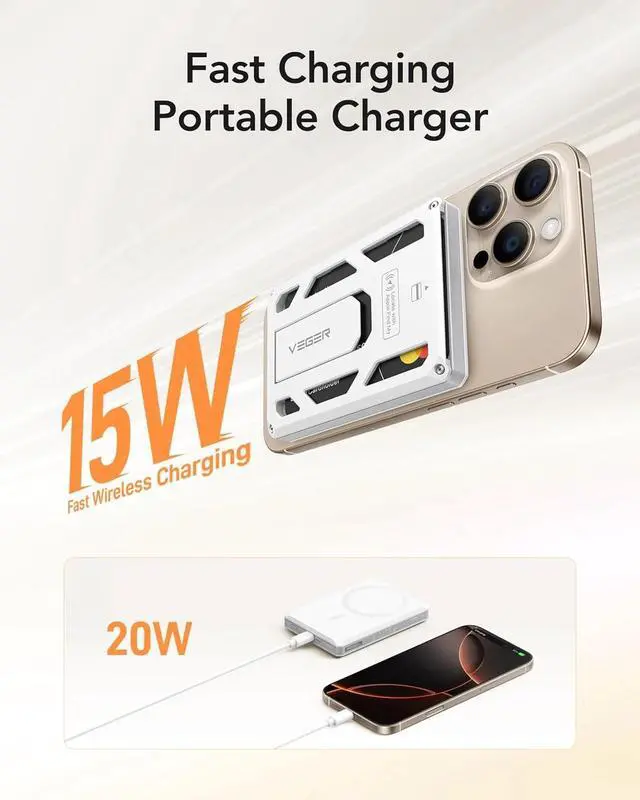 Alt view image 2 of 7 - VEGER Wireless Portable Charger, 5000mAh Battery Pack with USB-C Cable, 6-in-1 Multi-Functional Magnetic Power Bank, Fast Charging with Wireless Charger Compatible for iPhone 16/15/14/13/12 Series