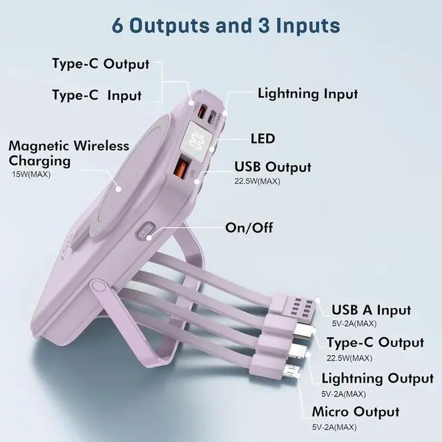 Alt view image 2 of 7 - Portable Charger 10000mAh, Magnetic Power Bank with Built-in Cables LED Display,Mag-safe Battery Pack with Stand 22.5W PD Fast Charging for iPhone 16/15/14/13/12/Pro/Mini/ProMax (Purple)