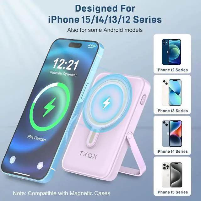 Alt view image 3 of 7 - Portable Charger 10000mAh, Magnetic Power Bank with Built-in Cables LED Display,Mag-safe Battery Pack with Stand 22.5W PD Fast Charging for iPhone 16/15/14/13/12/Pro/Mini/ProMax (Purple)