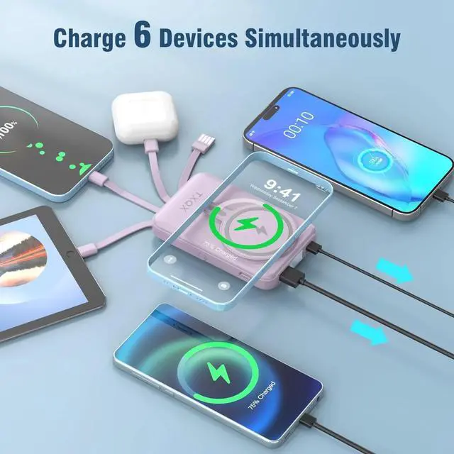 Alt view image 5 of 7 - Portable Charger 10000mAh, Magnetic Power Bank with Built-in Cables LED Display,Mag-safe Battery Pack with Stand 22.5W PD Fast Charging for iPhone 16/15/14/13/12/Pro/Mini/ProMax (Purple)