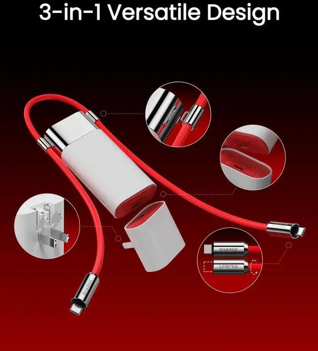 Alt view image 2 of 7 - 3 in 1 Power Bank PD 40W Fast Charging 10000mAh Portable Charger with Red Cable SUPERVOOC 55W 36Wh Battery Pack for iPhone 16/ OnePlus 12/11/Open/Nord Series
