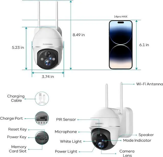 Alt view image 5 of 7 - ZUMIMALL Security Cameras Wireless Outdoor, 360°View, 2K Battery Powered Cameras for Home Security, 3MP Color Night Vision, 2-Way Talk, IP66, AI Analysis, Cloud Storage, Alexa