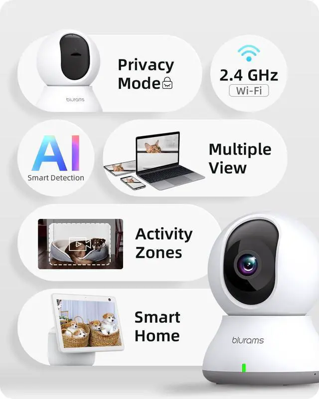 Alt view image 3 of 7 - blurams Indoor Camera 2K, Cameras for Home Security 5GHz, 360° Pet Camera w/Motion Tracking, Phone App, 2-Way Audio, IR Night Vision, Siren, Works with Alexa & Google Assistant