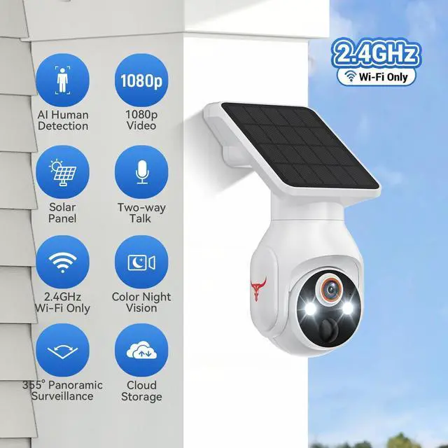Alt view image 2 of 7 - 1080p WiFi Security Camera with Solar Panel, Battery Powered, Pan Tilt, AI Motion Detection, Night Vision, 2-Way Talk, IP65, Cloud Storage (Sold Separately), 2.4GHz WiFi Only