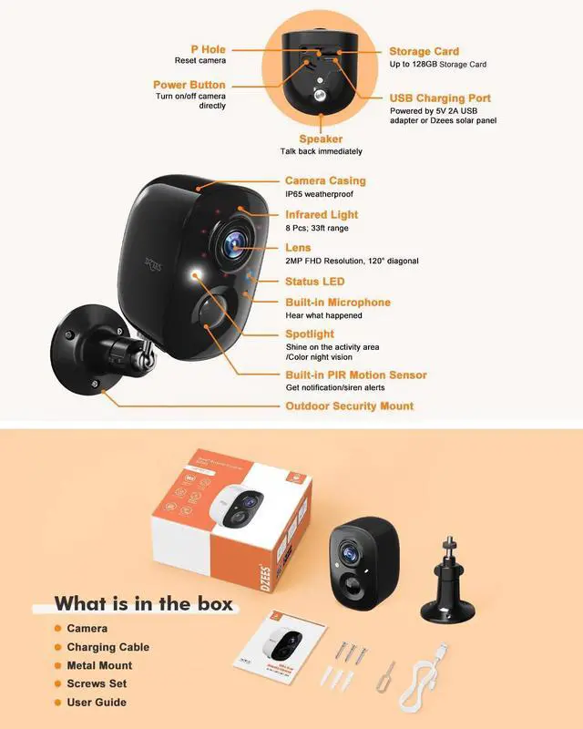 Alt view image 7 of 7 - Dzees Security Camera Outdoor Wireless - Upgrade 2K 3MP Battery Powered WiFi Outdoor Camera Wireless, Spotlight, Siren, AI Dectection, Color Night Vision, IP66 Waterproof Cloud/SD-Black