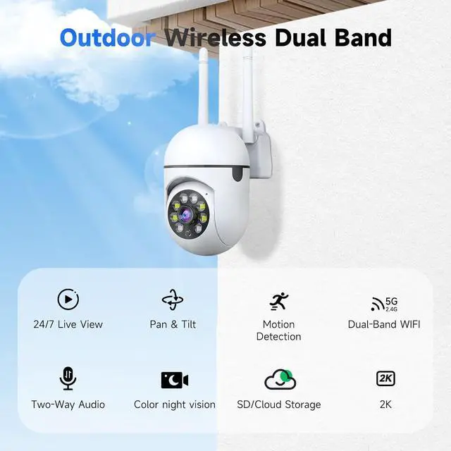 Alt view image 2 of 7 - 1080P Security Camera Wired, 2.4G/5G WiFi Home Surveillance Cam with 360° Pan/Tilt, Color Night Vision, Motion Detection, 2-Way Audio, SD/Cloud Storage, Compatible with Alexa
