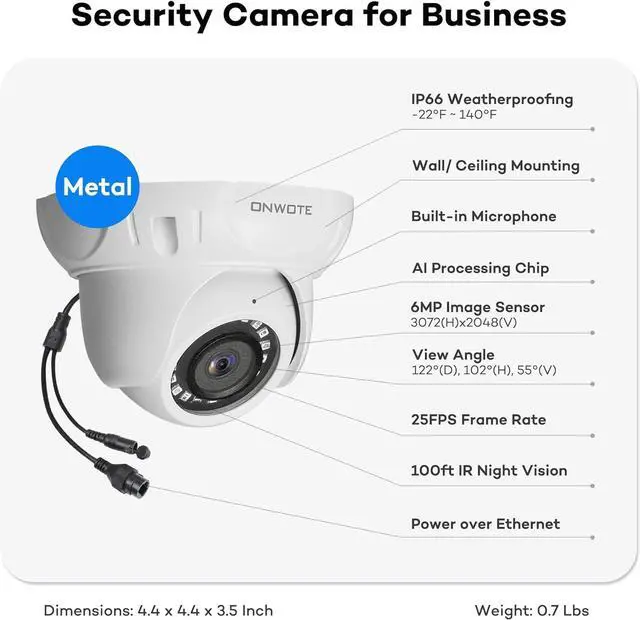 Alt view image 4 of 6 - ONWOTE 6MP Super HD PoE IP Security Camera with Audio, AI Human Vehicle Detection, 3072x2048 6 Megapixels, 122° FoV, Indoor/Outdoor Commercial Wired Camera for Business, Add-on to PoE NVR System