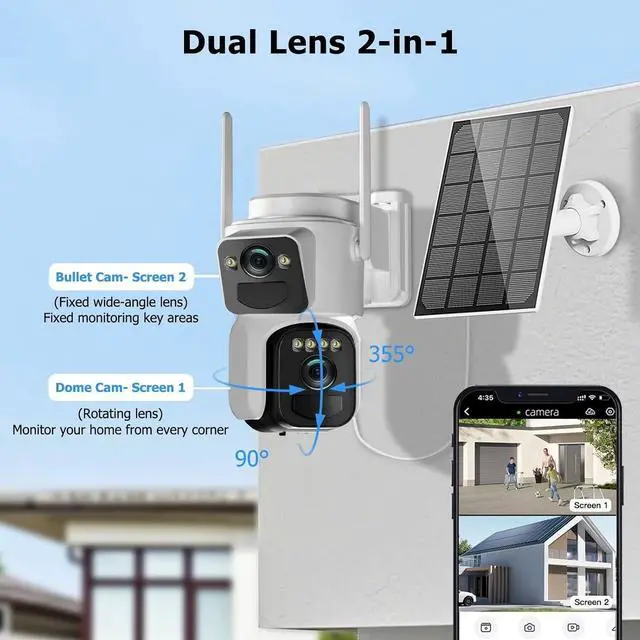 Alt view image 4 of 7 - 6MP Solar Security Camera Wireless Outdoor, 2.4G/5G WiFi, Panoramic & Tracking Dual Lens 2-in-1 Home Security Camera with Color Night Vision, Human Detection, Siren, 360°PTZ