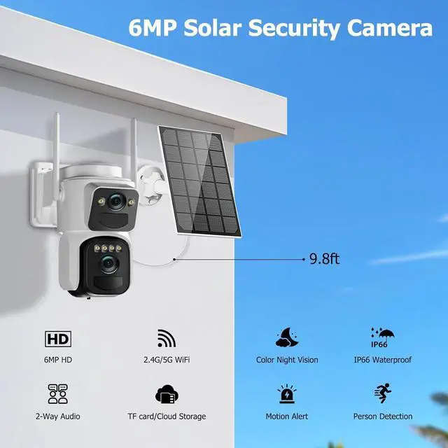 Alt view image 3 of 7 - 6MP Solar Security Camera Wireless Outdoor, 2.4G/5G WiFi, Panoramic & Tracking Dual Lens 2-in-1 Home Security Camera with Color Night Vision, Human Detection, Siren, 360°PTZ