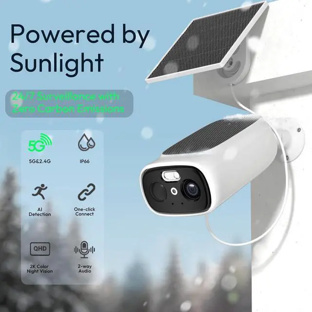 Alt view image 2 of 7 - 2.4G/5G WiFi Cameras for Home Security with Double Solar Panels, 2K Solar Security Cameras Wireless Outdoor, Color Night Vision , 2-Way Talk, Spotlight, Siren,IP66, Cloud/SD, AI Detection, W/Alexa