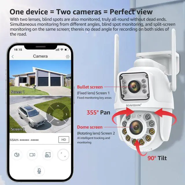 Alt view image 2 of 7 - BOAVISION Dual Lens Linkage Security Camera Outdoor,Wireless PTZ Dual Screen Camera,360° View,Auto Tracking,Human Detection,Color Night Vision,24/7 Record,Two-Way Audio