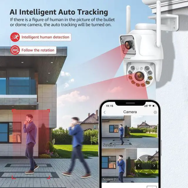 Alt view image 4 of 7 - BOAVISION Dual Lens Linkage Security Camera Outdoor,Wireless PTZ Dual Screen Camera,360° View,Auto Tracking,Human Detection,Color Night Vision,24/7 Record,Two-Way Audio