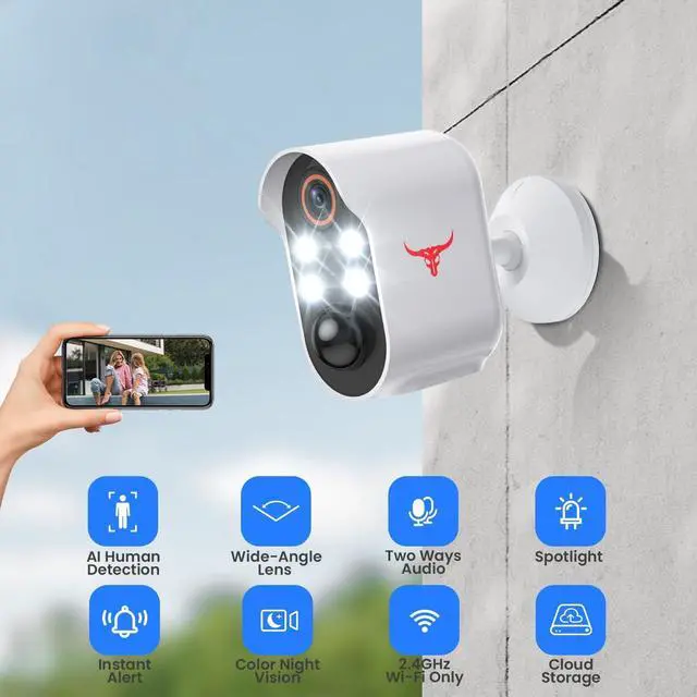 Alt view image 2 of 7 - 1080p Wireless Security Camera with AI Human Detection, Night Vision, 2-Way Talk, Cloud Storage, Rechargeable Battery Included, Battery Camera for Home Security, 2.4G WiFi