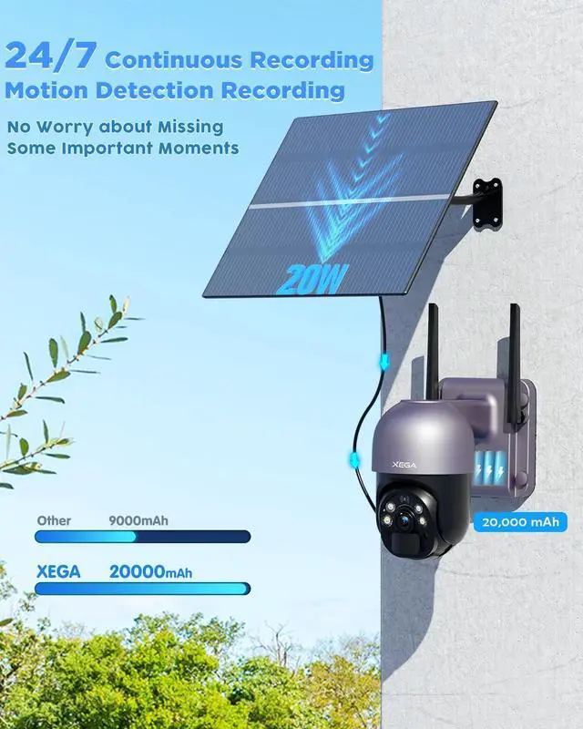 Alt view image 2 of 7 - Xega 4G LTE Cellular Security Camera with 20W Solar Panel 20000mAh Battery -24/7 Record Solar No WiFi Security Camera Wireless Outdoor,2K HD Color Night Vision, PIR Motion Detection, Built-in SIM