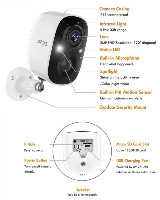 Alt view image 7 of 7 - Dzees Solar Powered Security Cameras Wireless Outdoor WiFi, 2K Color Night Vision Outdoor Camera, Wireless Home Security Cameras System with Solar Panel, Spotlight/Alarm, AI Detection, 2-Way Talk
