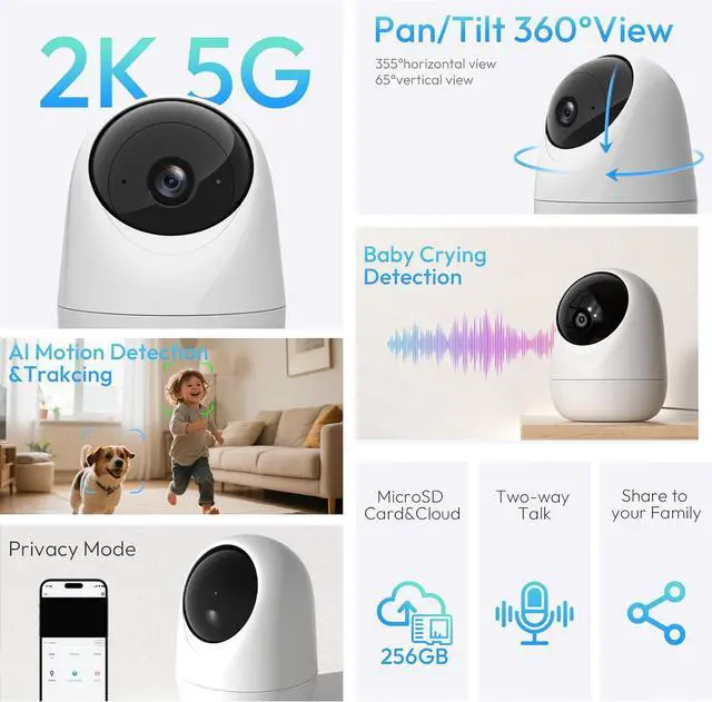 Alt view image 2 of 7 - Rraycom Indoor Camera 5G&2.4G WiFi,2K Security Cameras for Home Security,360°Pan & Tilt, Dog/Pet Baby Camera with Motion Tracking& Sound Detection, 2-Way Audio, Night Vision,Siren,Works w/Alexa