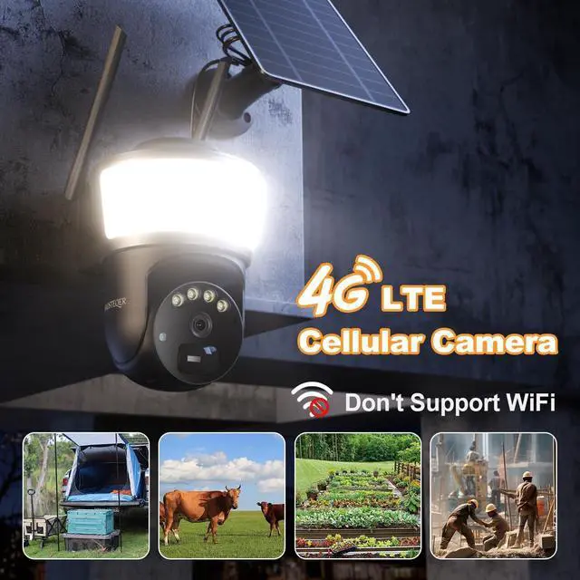 Alt view image 2 of 7 - 4G LTE Cellular Security Camera Wireless Outdoor, No WiFi Security Cameras Solar Powered, PIR Detection, 360°Cameras for Home Security with Floodlight, 2K Color Night Vision, Built-in SIM Card