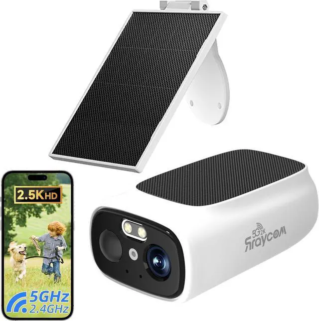 Main image of Rraycom Solar Security Cameras Wireless Outdoor, 2.4/5 Ghz WiFi Cameras for Home Security,2 Solar Panels+1Cam, 2-Way Talk,2K Color Night Vision, Spotlight/Siren Alarm, Work with Alexa, IP66 Waterproof