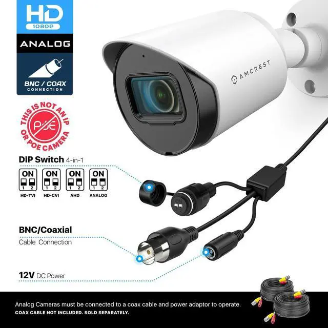 Alt view image 2 of 7 - Amcrest Full HD 1080P Bullet Outdoor Security Camera (Quadbrid 4-in1 HD-CVI/TVI/AHD/Analog), 2-Megapixel, 98ft Night Vision, 2.8mm Lens 129° Viewing Angle, White (AMC1080BC28-W)