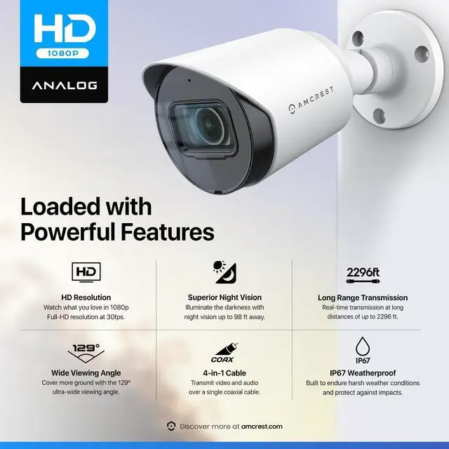 Alt view image 3 of 7 - Amcrest Full HD 1080P Bullet Outdoor Security Camera (Quadbrid 4-in1 HD-CVI/TVI/AHD/Analog), 2-Megapixel, 98ft Night Vision, 2.8mm Lens 129° Viewing Angle, White (AMC1080BC28-W)