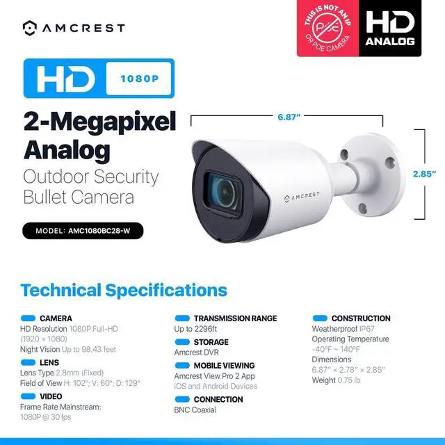 Alt view image 7 of 7 - Amcrest Full HD 1080P Bullet Outdoor Security Camera (Quadbrid 4-in1 HD-CVI/TVI/AHD/Analog), 2-Megapixel, 98ft Night Vision, 2.8mm Lens 129° Viewing Angle, White (AMC1080BC28-W)