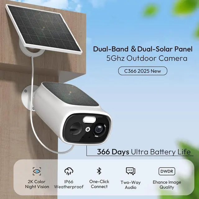 Alt view image 2 of 7 - 2K Solar Camera Outdoor Wireless, 2.4/5 Ghz WiFi Cameras for Home Security,130°-Wide View,Color Night Vision, IP65 Waterproof,2-Way Audio,Cloud/SD, Support Alexa