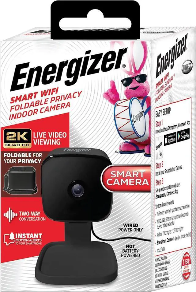 Main image of Energizer Smart 2K QHD Security Camera, Wired Indoor 2.4Ghz Wi-Fi Camera, 2-Way Audio, Night Vision, Motion Detection & Instant Alerts, App Control, Cloud & Micro SD Storage, Foldable for Privacy