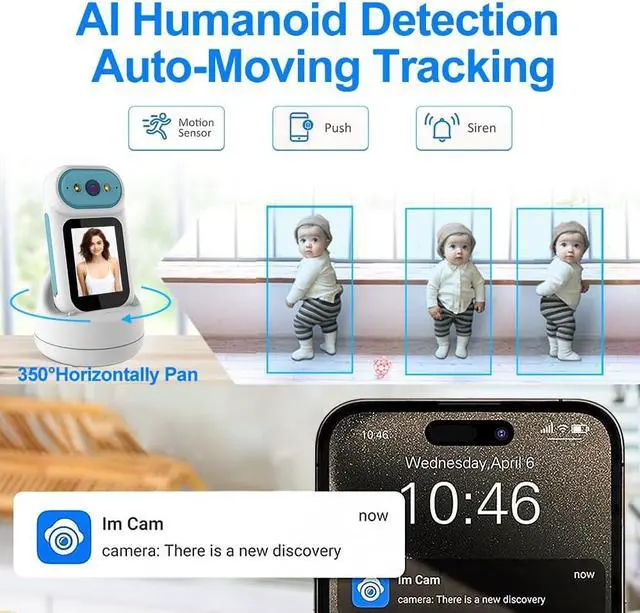 Alt view image 6 of 7 - Video Calling Handheld Security Camera Indoor,Nanny Camera Baby Camera Pet Camera,2-Way Video Call 350°Pan Cameras for Home Security,Move Tracking,Alarm Push 1080P 2.8inch Screen,Night Vision