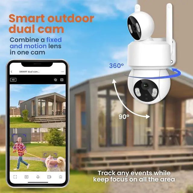 Alt view image 3 of 6 - 2K Dual Lens Outdoor Security Camera - Dual Lens Technology, Motion Tracking, 280° Rotation, IP65, Built-in Light, Night Vision, Alexa/Google Compatible