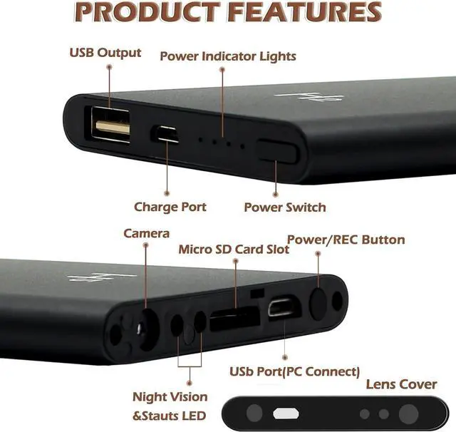 Alt view image 7 of 7 - Security Camera Detector Power Bank, Hidden Surveillance 1080P Mini Camera with Loop Recording, Night Vision, 5000mAh Battery Rechargeable Power Bank Camera
