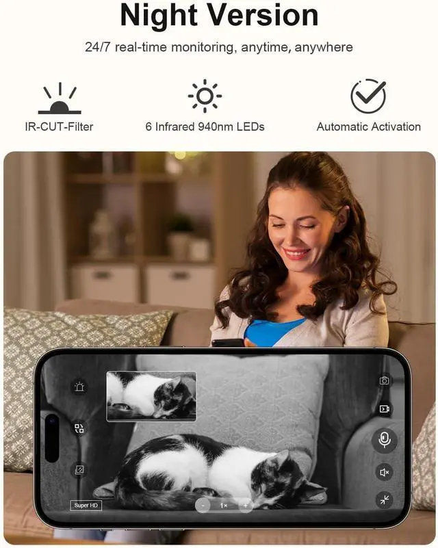 Alt view image 4 of 6 - 4K Wireless Security Camera, WiFi Indoor Camera, Cameras for Home Security, Baby Monitor, Nanny Cam with Night Vision, AI Motion Detection, Live View
