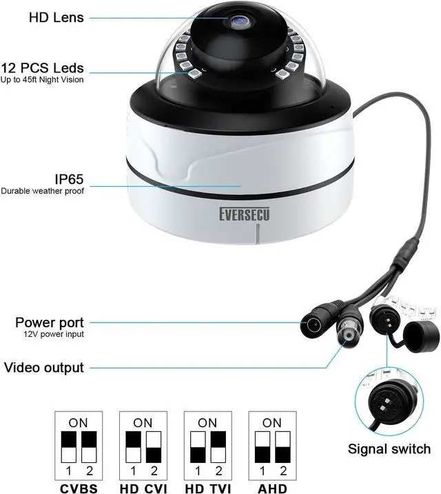 Alt view image 5 of 7 - EVERSECU 1080P Ik10 Vandalproof HD Analog Metal Dome Security Camera with Infrared LEDs, 2MP (HD-TVI/AHD/CVI/Analog) 4-in-1 Coaxial Wired BNC CCTV Camera with Wide Angle 3.6mm Lens