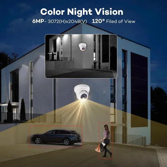Alt view image 2 of 6 - ONWOTE 6MP IP POE Camera Outdoor with Color Night Vision, Smart AI Human Deterrence, 6 Megapixels 3072x2048P Super HD, 120° Angle, Commercial Wired Camera for Business, Add-on to PoE NVR System