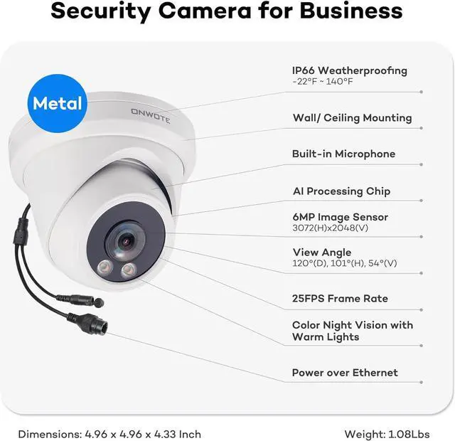 Alt view image 4 of 6 - ONWOTE 6MP IP POE Camera Outdoor with Color Night Vision, Smart AI Human Deterrence, 6 Megapixels 3072x2048P Super HD, 120° Angle, Commercial Wired Camera for Business, Add-on to PoE NVR System