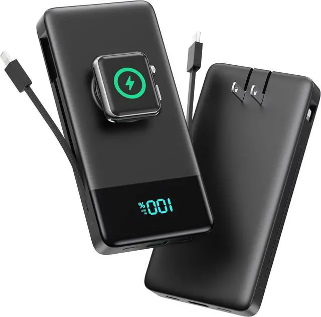 Main image of Portable Charger for iPhone with Built in Cables & Wall Plug,6-in-1 10800mah Power Bank With iWatch Charger,QC4.0+25W PD Fast Charging LCD Display Battery Pack for iPhone 16/15/14,Android,Apple Watch