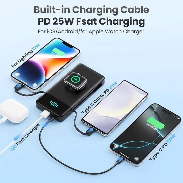 Alt view image 2 of 7 - Portable Charger for iPhone with Built in Cables & Wall Plug,6-in-1 10800mah Power Bank With iWatch Charger,QC4.0+25W PD Fast Charging LCD Display Battery Pack for iPhone 16/15/14,Android,Apple Watch
