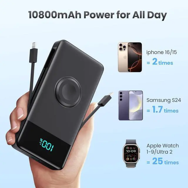 Alt view image 3 of 7 - Portable Charger for iPhone with Built in Cables & Wall Plug,6-in-1 10800mah Power Bank With iWatch Charger,QC4.0+25W PD Fast Charging LCD Display Battery Pack for iPhone 16/15/14,Android,Apple Watch