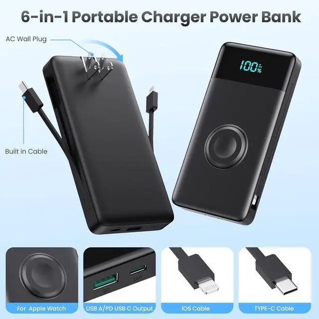 Alt view image 6 of 7 - Portable Charger for iPhone with Built in Cables & Wall Plug,6-in-1 10800mah Power Bank With iWatch Charger,QC4.0+25W PD Fast Charging LCD Display Battery Pack for iPhone 16/15/14,Android,Apple Watch