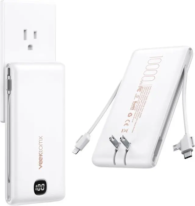 Main image of VEEKTOMX Portable Charger with Built in Cables 10000mAh, Power Bank for iPhone with Wall Plug, Travel Essential Fast Charging USB C Slim External Battery Pack for iPhone16/15/14, Samsung, iPad, etc