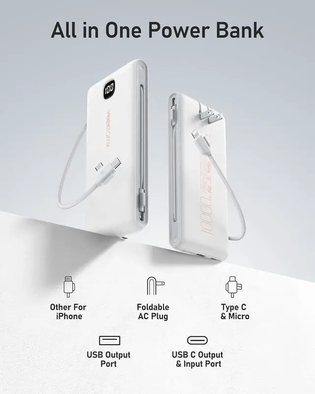 Alt view image 3 of 7 - VEEKTOMX Portable Charger with Built in Cables 10000mAh, Power Bank for iPhone with Wall Plug, Travel Essential Fast Charging USB C Slim External Battery Pack for iPhone16/15/14, Samsung, iPad, etc