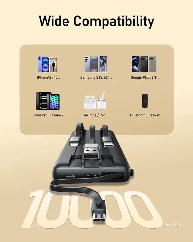 Alt view image 4 of 7 - VEEKTOMX Portable Charger with Built-in Cables 10000mAh Power Bank for iPhone Slim Fast Charge USB C Battery Pack Travel Essentials Powerbank Compatible with iPhone, Samsung, Android, etc