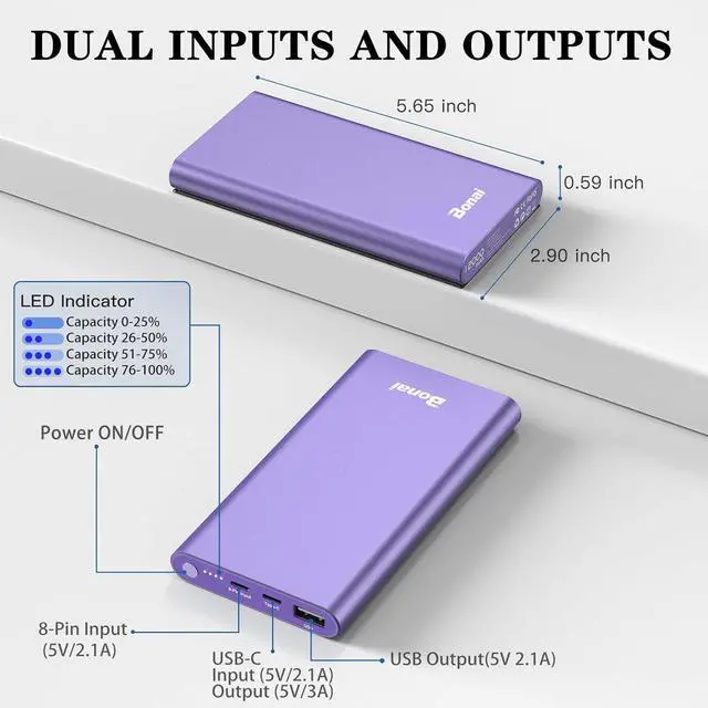 Alt view image 4 of 7 - BONAI Portable Charger 12,000mAh 5V/3A Fast Charging Power Bank, Dural Input & Output Ports (USB-C in & Out) Portable Phone Charger for iPhone 15/14/13/12 Series Galxy Android iPad etc- Purple