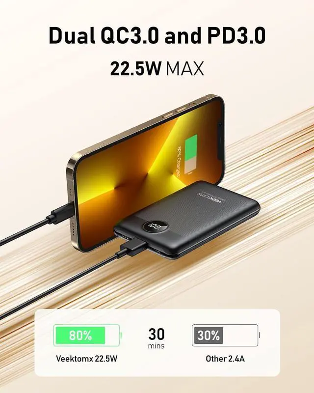 Alt view image 2 of 7 - VEEKTOMX Small Portable Charger, Mini Power Bank 10000mAh, PD 22.5W Fast Charging USB-C Battery Bank, Travel Essentials Dual Voltage External Portable Powerbank for iPhone/Samsung/Google Pixel, Black